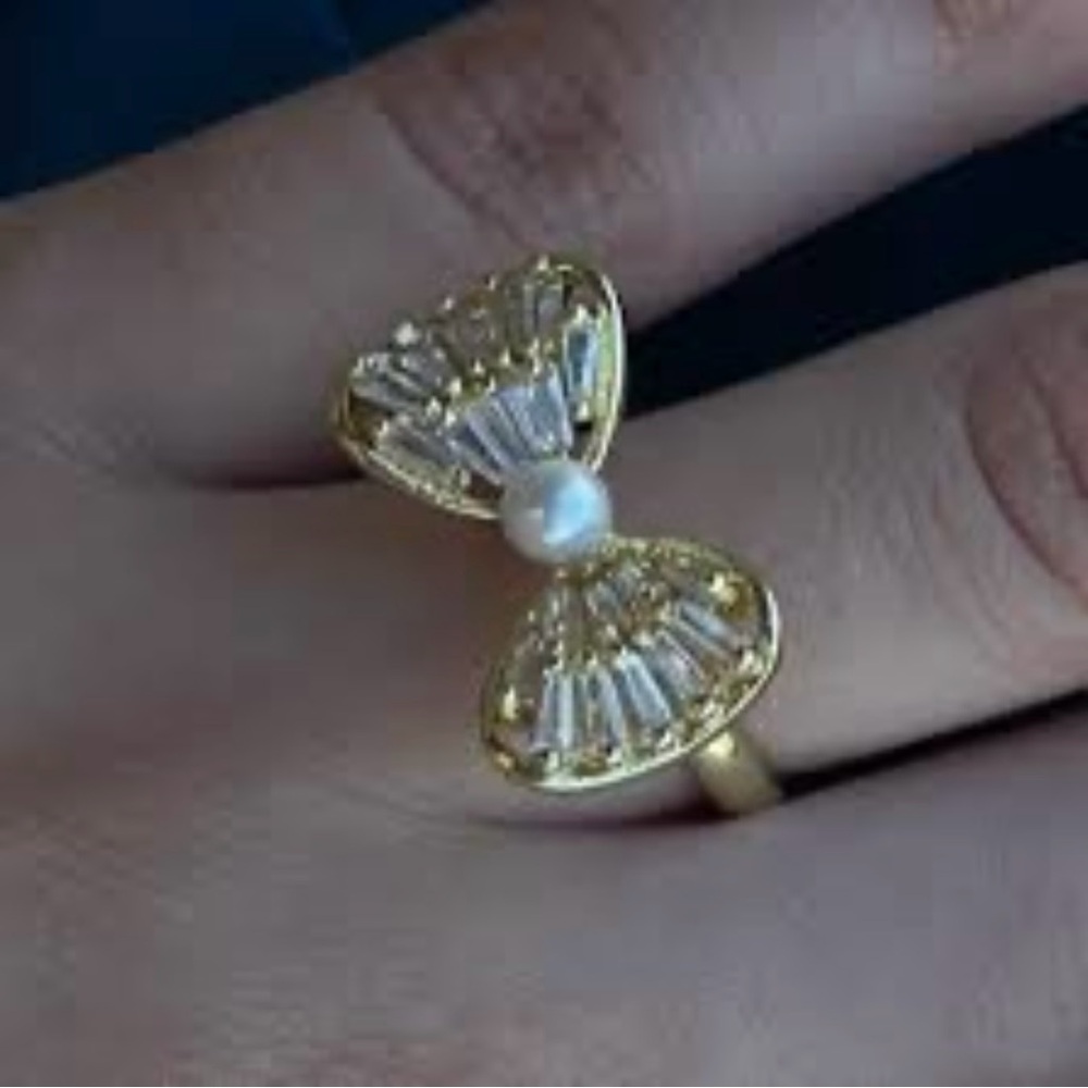 Elegant Gold Plated Bow Ring with Pearl Accent/ adjustable